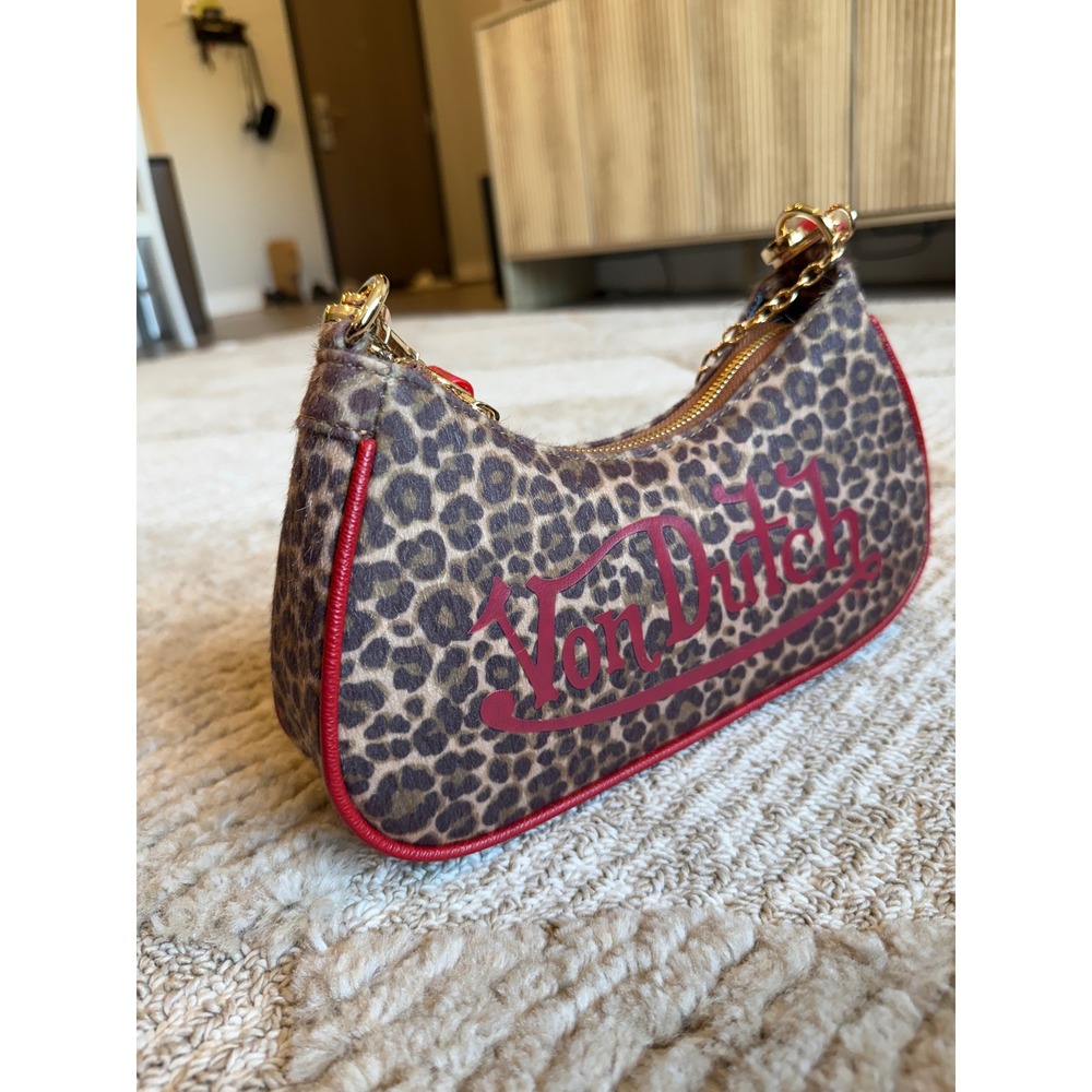 Von Dutch Leopard Print Shoulder Bag Red Trim Logo Baguette Purse Gold Hardware‎ - Picture 2 of 2